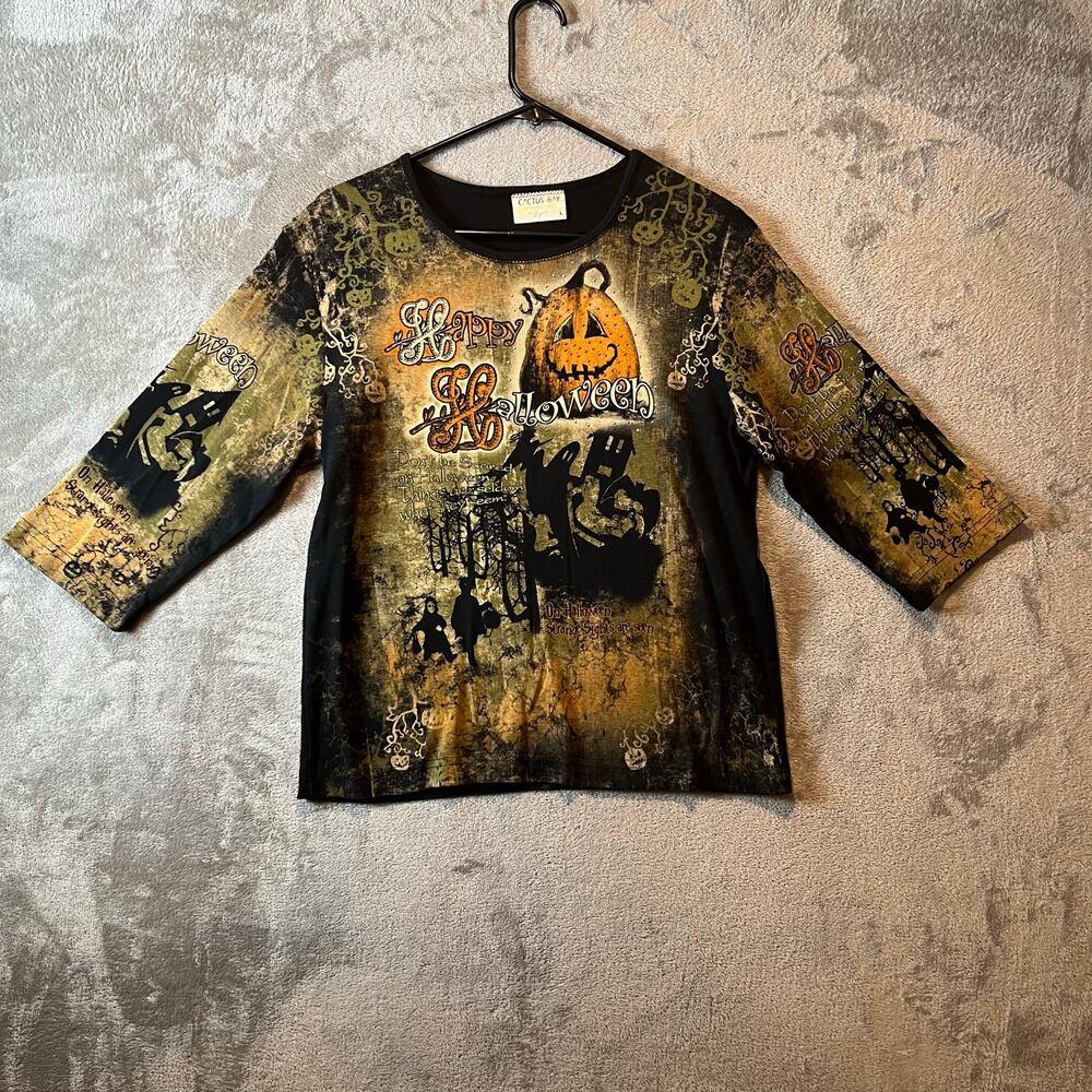 Vintage Y2K Happy Halloween Long Sleeve Pumpkin‎ Rhinestone Spooky Large 90s